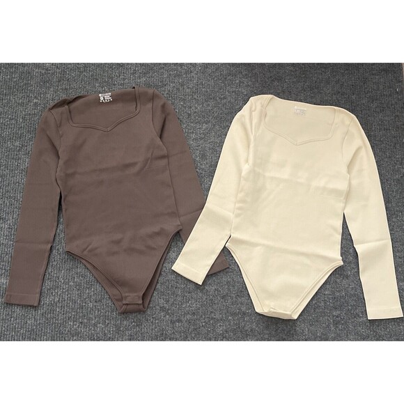 OQQ Two Piece Bodysuits Small Slimming Ribbed One Piece V-Neck Long Sleeve NEW - Picture 2 of 7